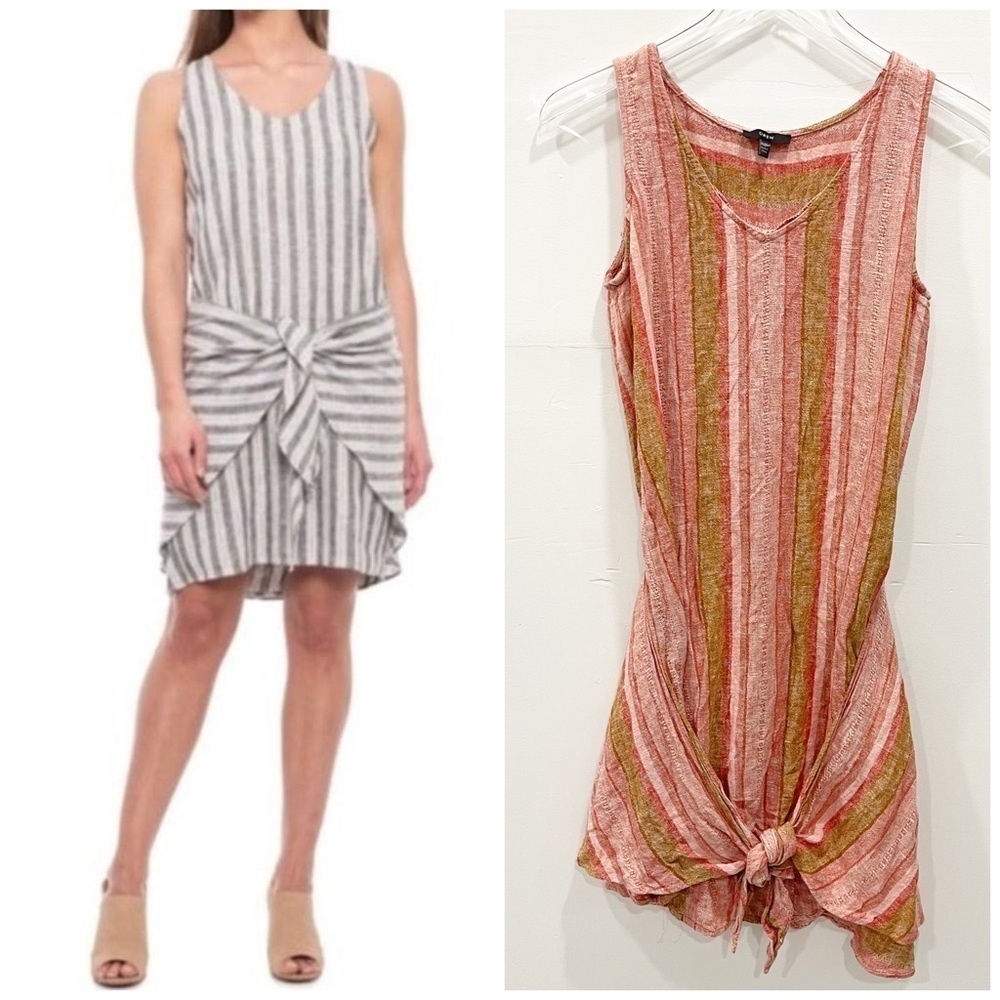 Drew Morgan Tie-Front Stripe Linen Dress Sleeveless Red Small